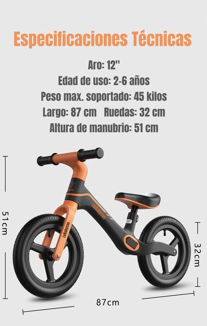 BICICLETA DE EQUILIBRIO 2-6 AÑOS ARO 12 LUBABYCAS NARANJA - 8