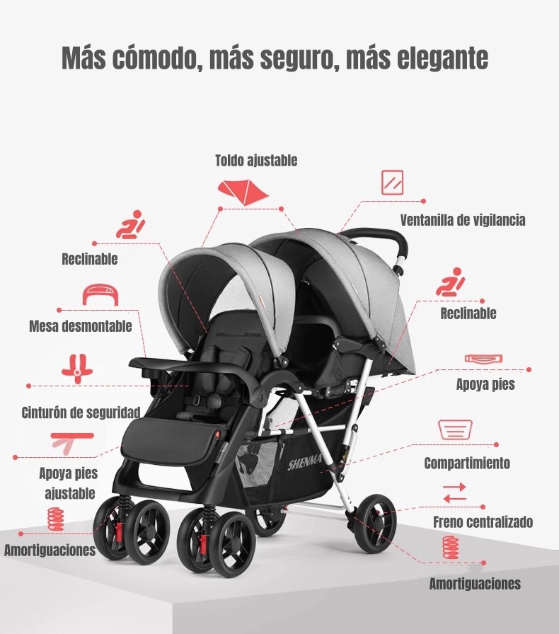 COCHE LUBABYCAS DOBLE DUO RECLINABLE PLEGABLE BY GRIS - 3