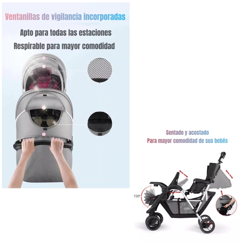 COCHE LUBABYCAS DOBLE DUO RECLINABLE PLEGABLE BY GRIS - 6