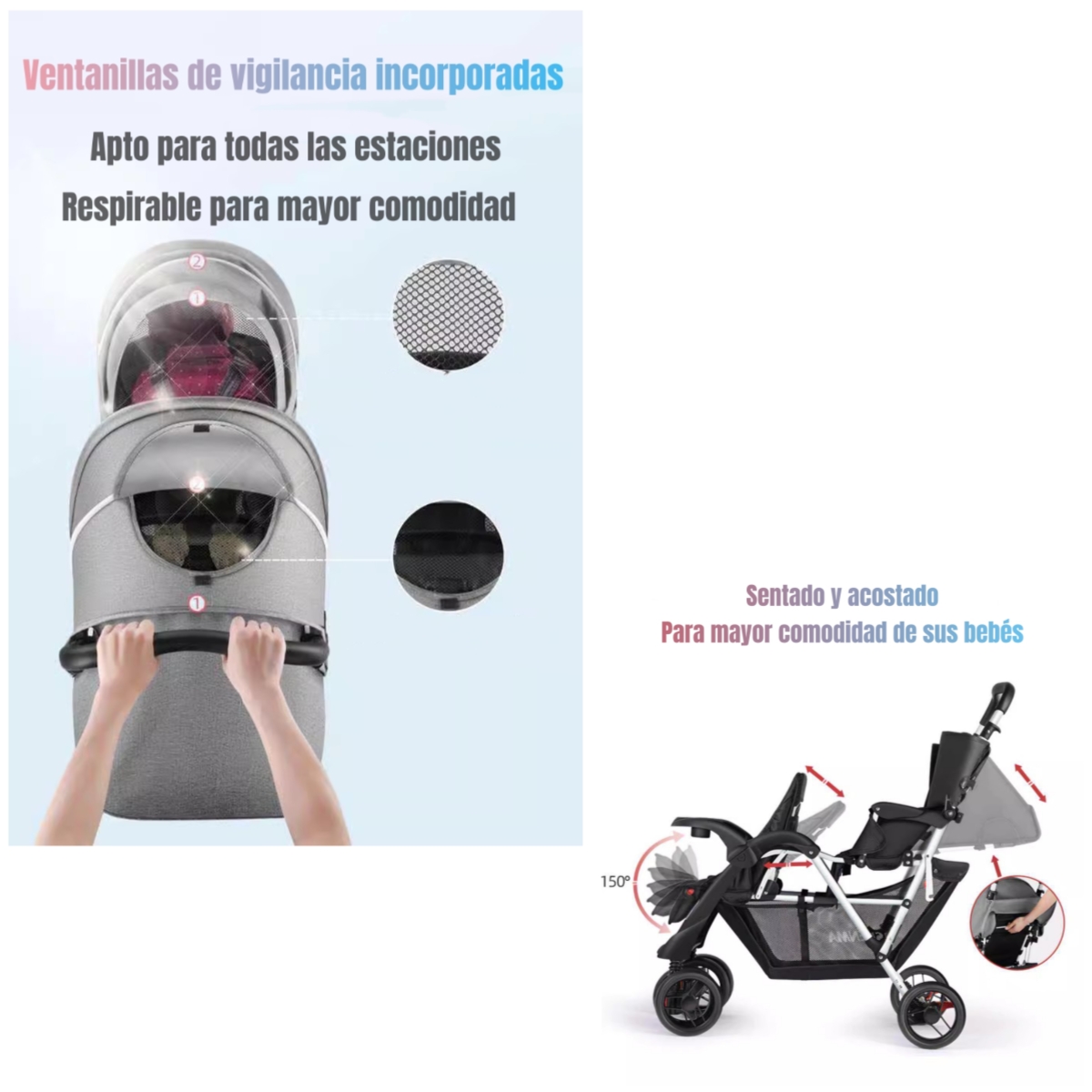 COCHE LUBABYCAS DOBLE DUO RECLINABLE PLEGABLE BY GRIS - 6