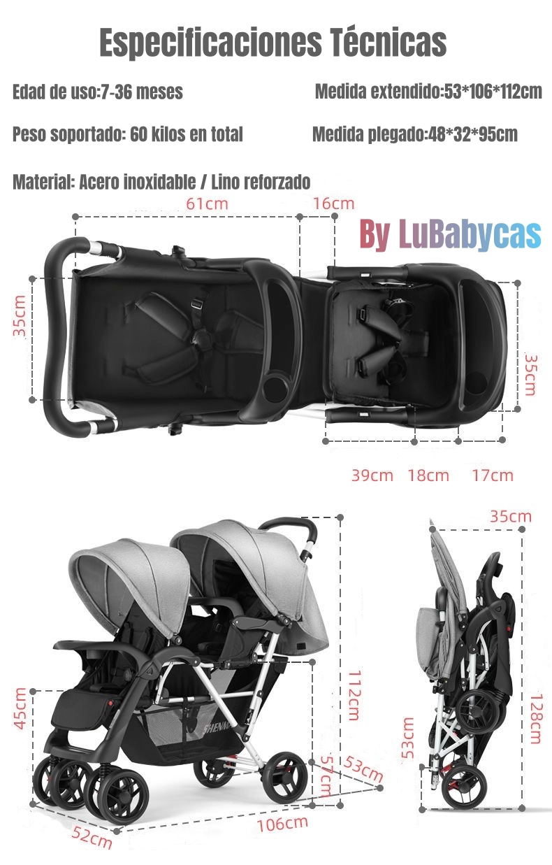 COCHE LUBABYCAS DOBLE DUO RECLINABLE PLEGABLE BY GRIS - 8