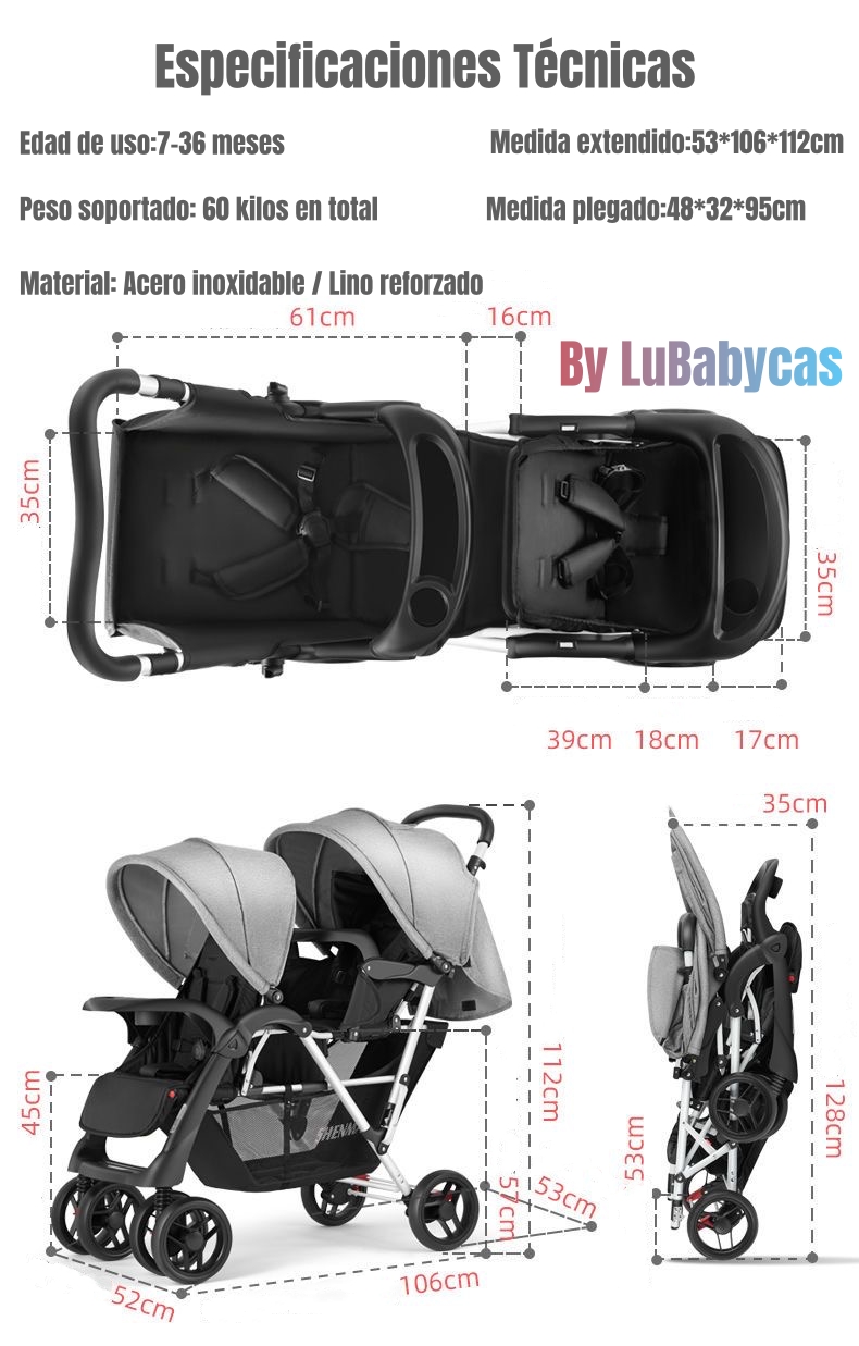 COCHE LUBABYCAS DOBLE DUO RECLINABLE PLEGABLE BY GRIS - 8