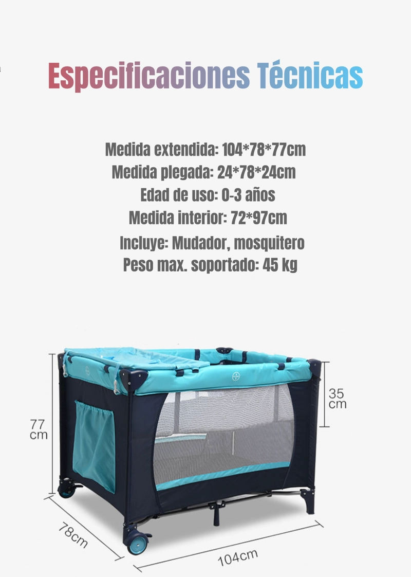 CUNA CORRAL LUBABYCAS MAGIC ACERO AZUL CON MUDADOR MOSQUITERO COLCHÓN - 7