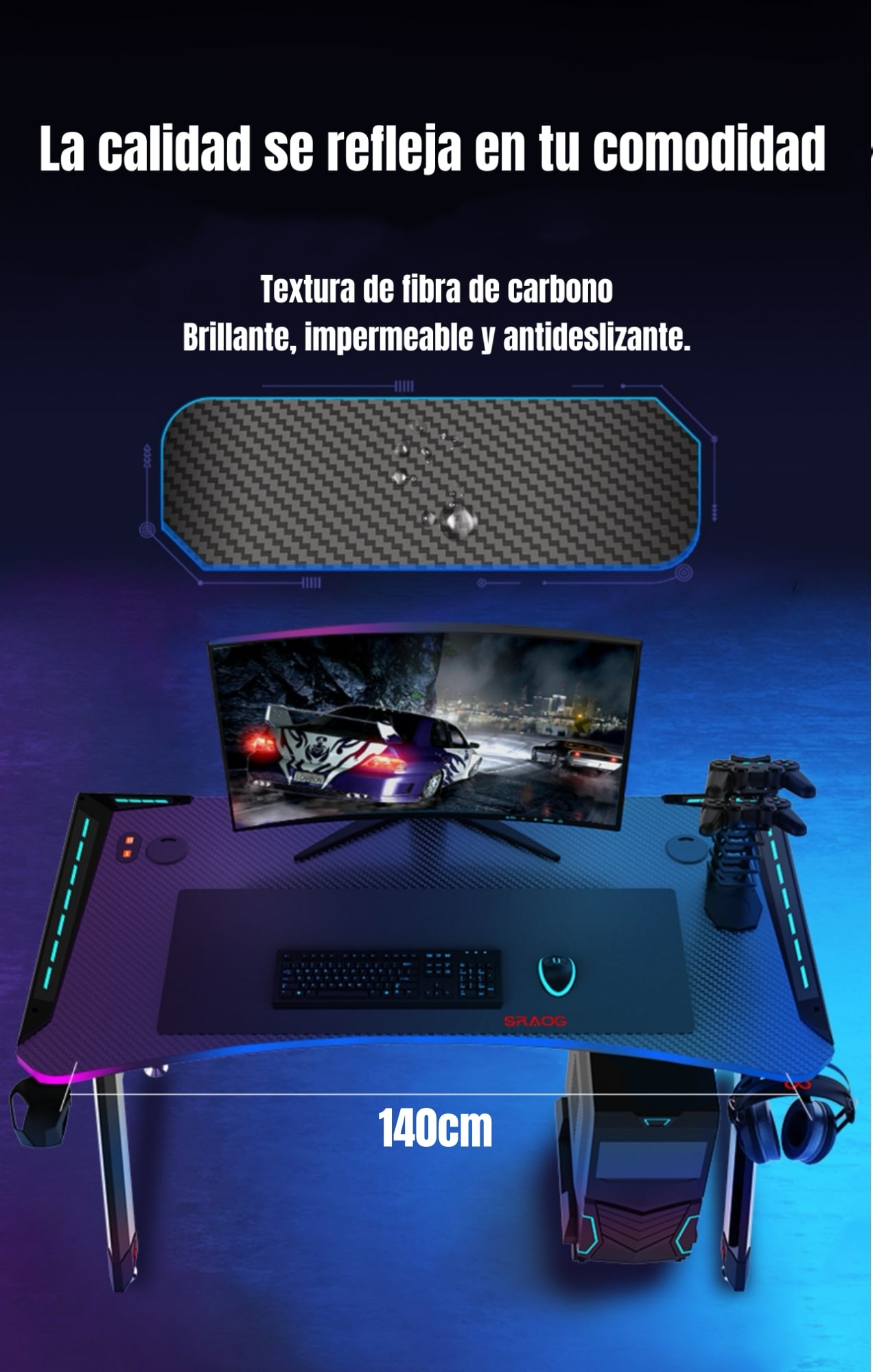 ESCRITORIO LUBABYCAS GAMER CON LUCES 140X60X73CM BY NEGRO - 4