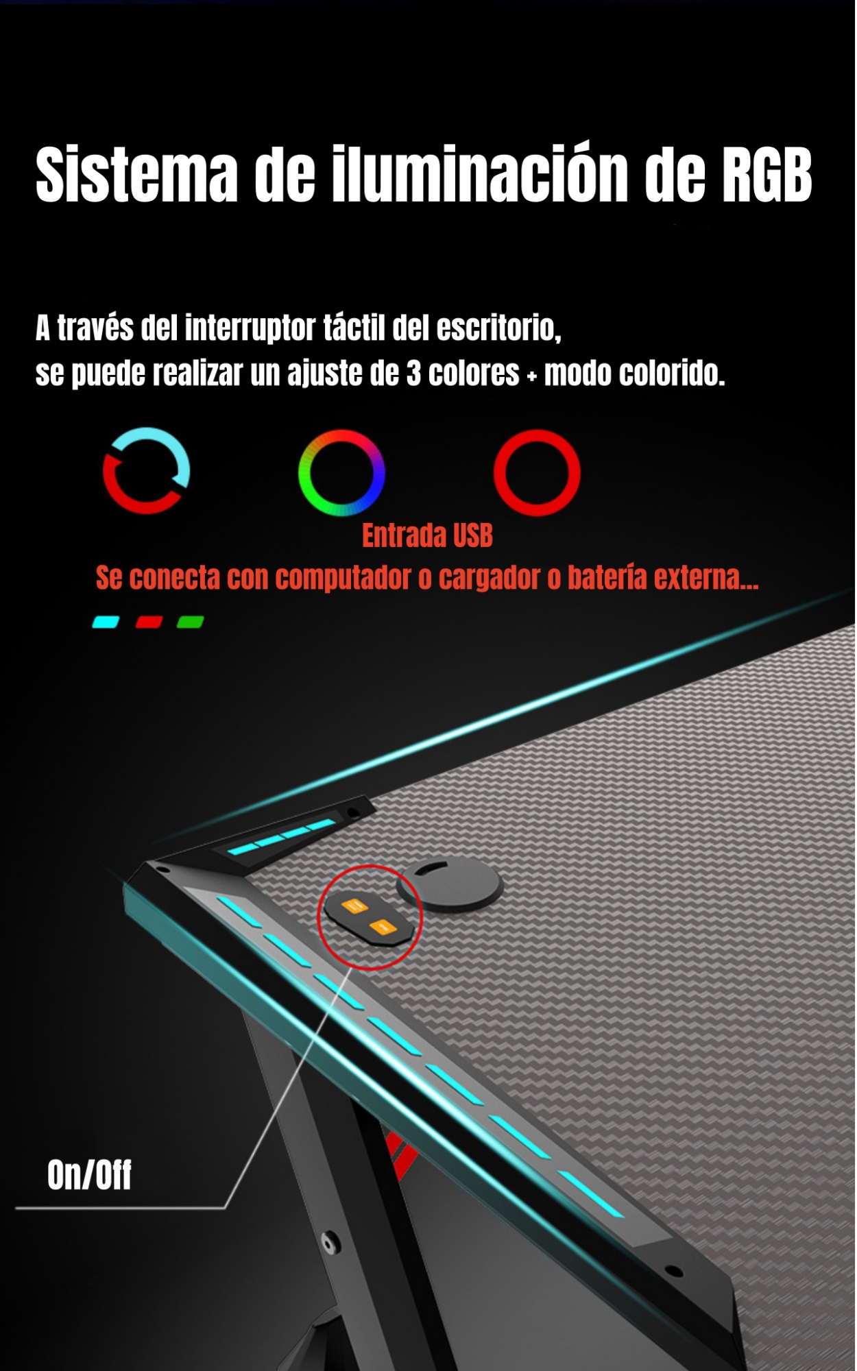 ESCRITORIO LUBABYCAS GAMER CON LUCES 140X60X73CM BY NEGRO - 5