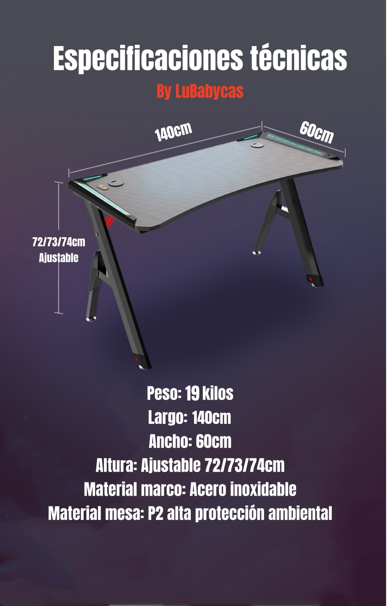 ESCRITORIO LUBABYCAS GAMER CON LUCES 140X60X73CM BY NEGRO - 8