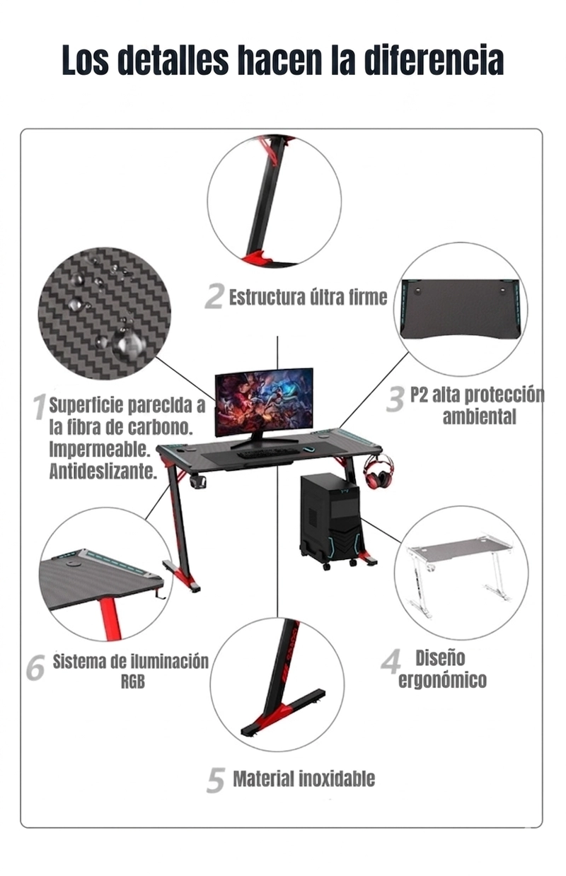 ESCRITORIO LUBABYCAS GAMER CON LUCES 120X60X73CM NEGRO - 4