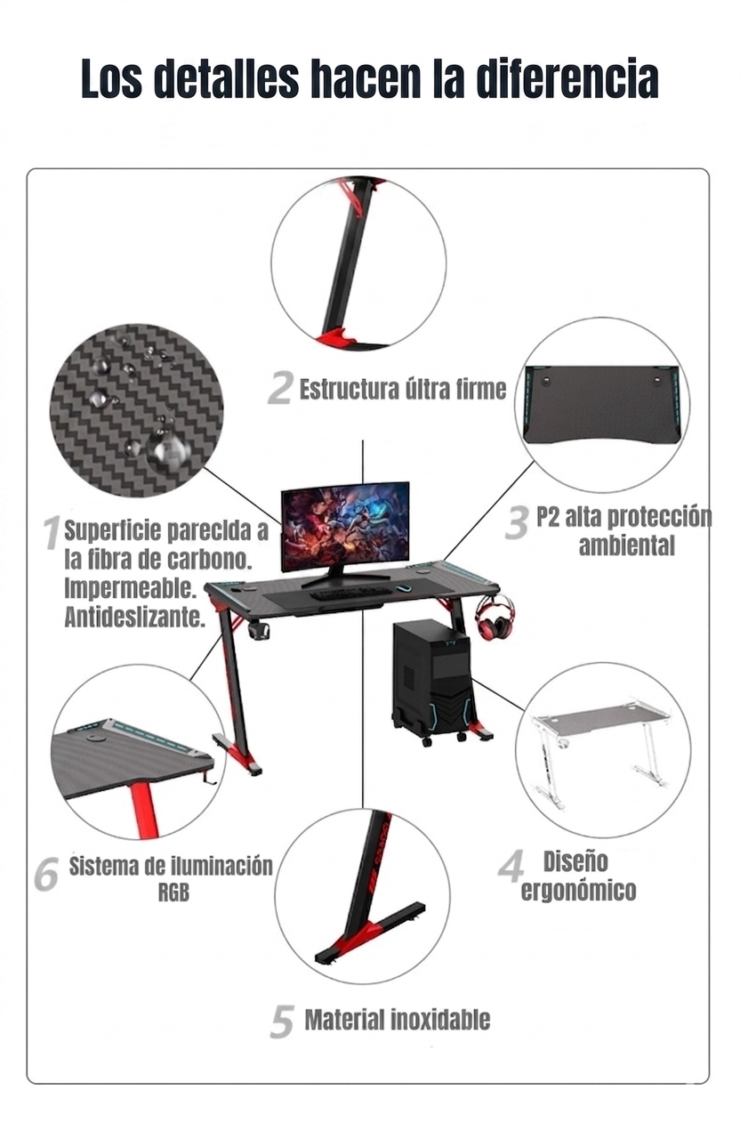ESCRITORIO LUBABYCAS GAMER CON LUCES 140X60X73CM NEGRO - 4