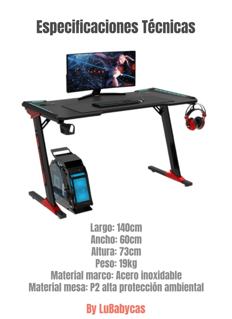 ESCRITORIO LUBABYCAS GAMER CON LUCES 140X60X73CM NEGRO - 6