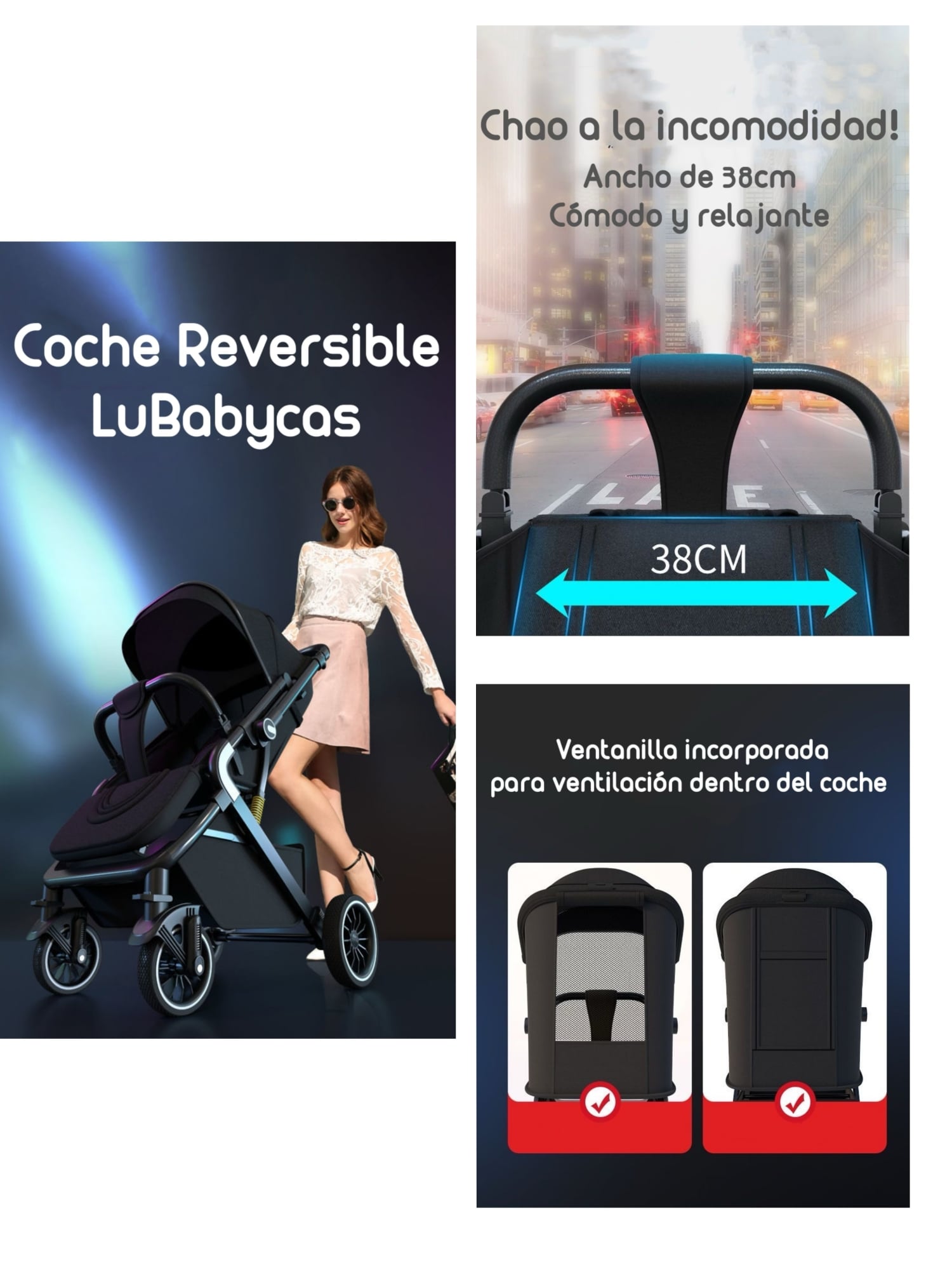 COCHE DE PASEO REVERSIBLE PREMIUM LUBABYCAS NEGRO - 2