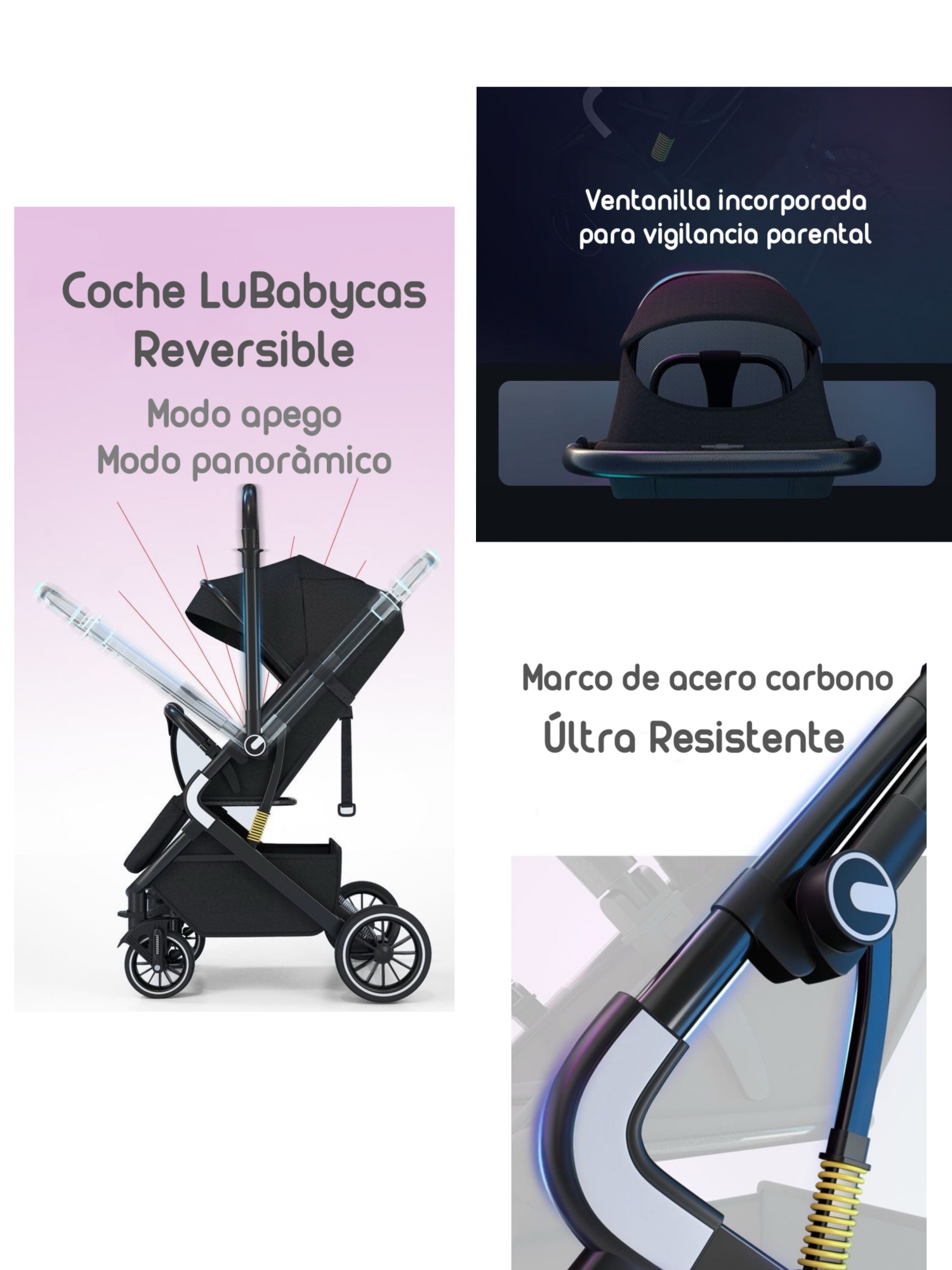 COCHE DE PASEO REVERSIBLE PREMIUM LUBABYCAS NEGRO - 4