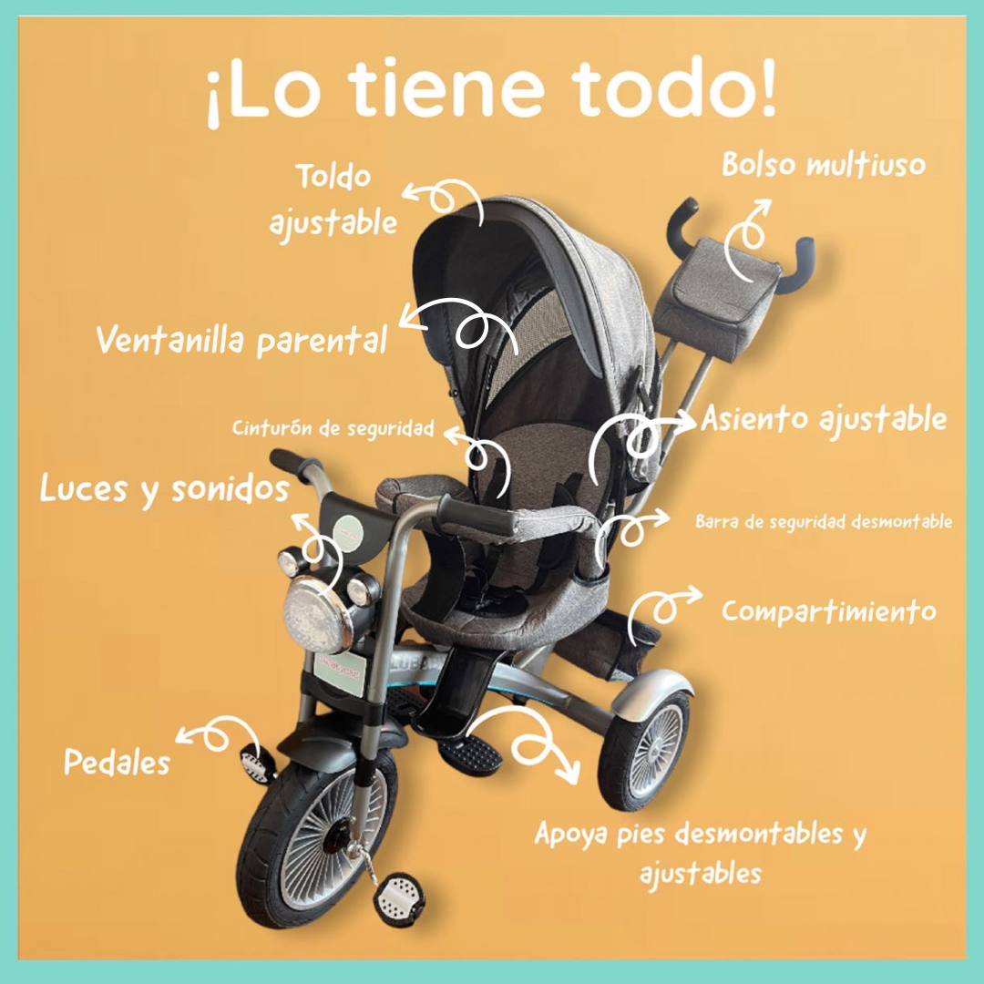 TRICICLO LUBABYCAS MULTIFUNCIONAL 360° CON LUCES NEGRO - 3