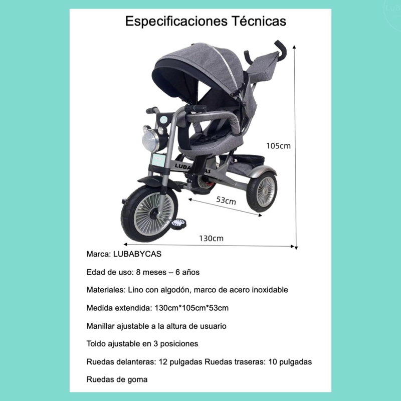 TRICICLO LUBABYCAS MULTIFUNCIONAL 360° CON LUCES NEGRO - 8