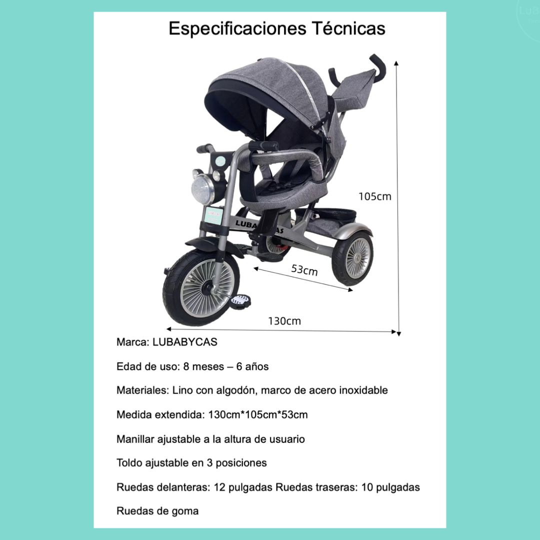 TRICICLO LUBABYCAS MULTIFUNCIONAL 360° CON LUCES NEGRO - 8