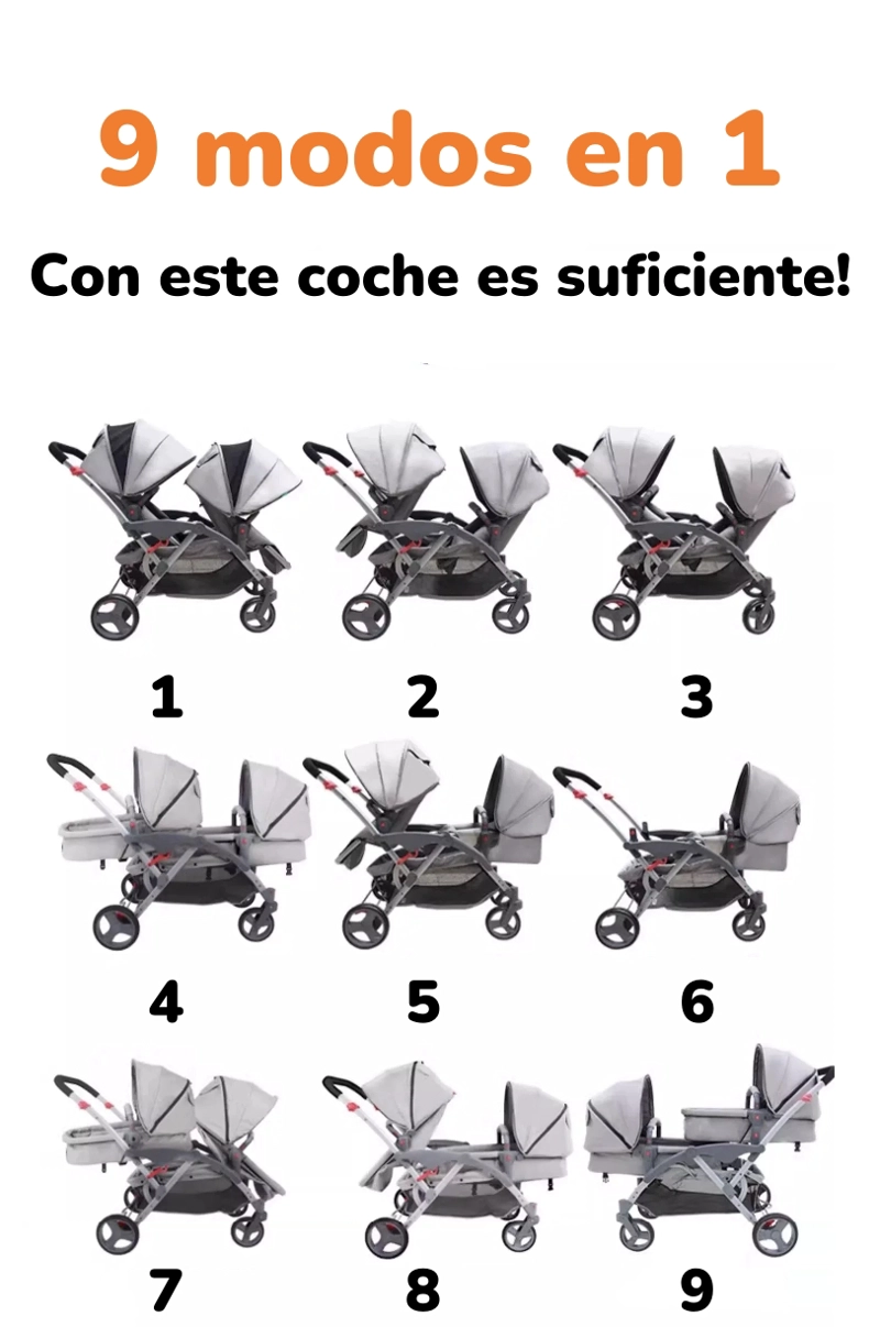 COCHE LUBABYCAS DUPE DOBLE DUO RECLINABLE 6 MODOS EN 1 GRIS - 3