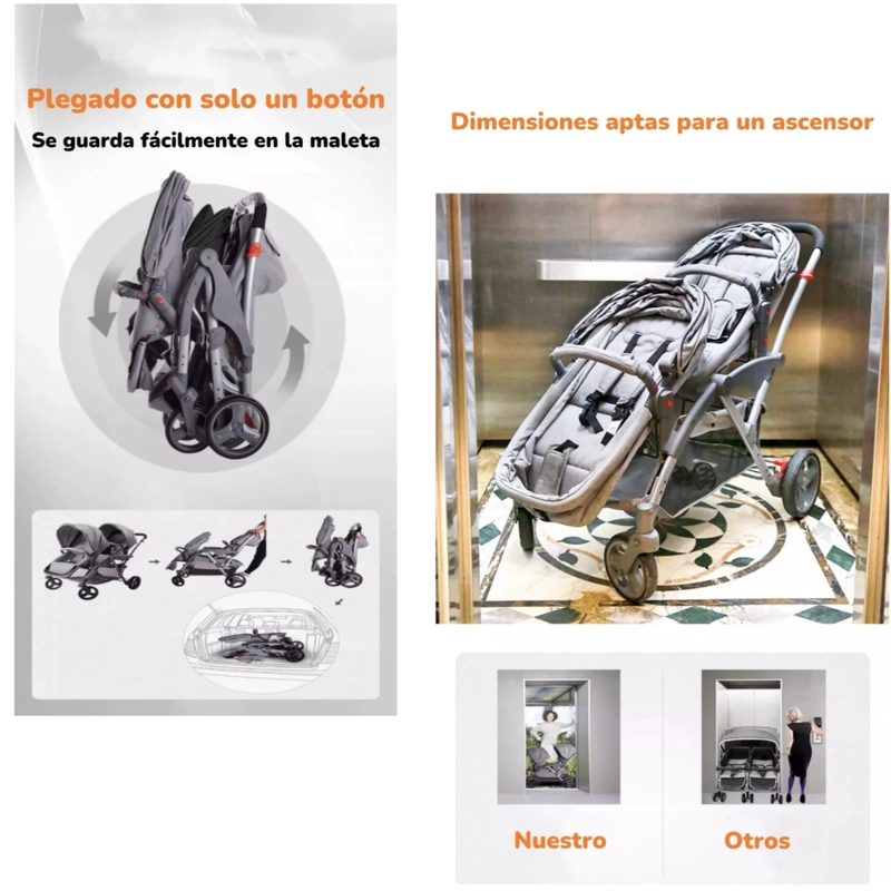 COCHE LUBABYCAS DUPE DOBLE DUO RECLINABLE 6 MODOS EN 1 GRIS - 4