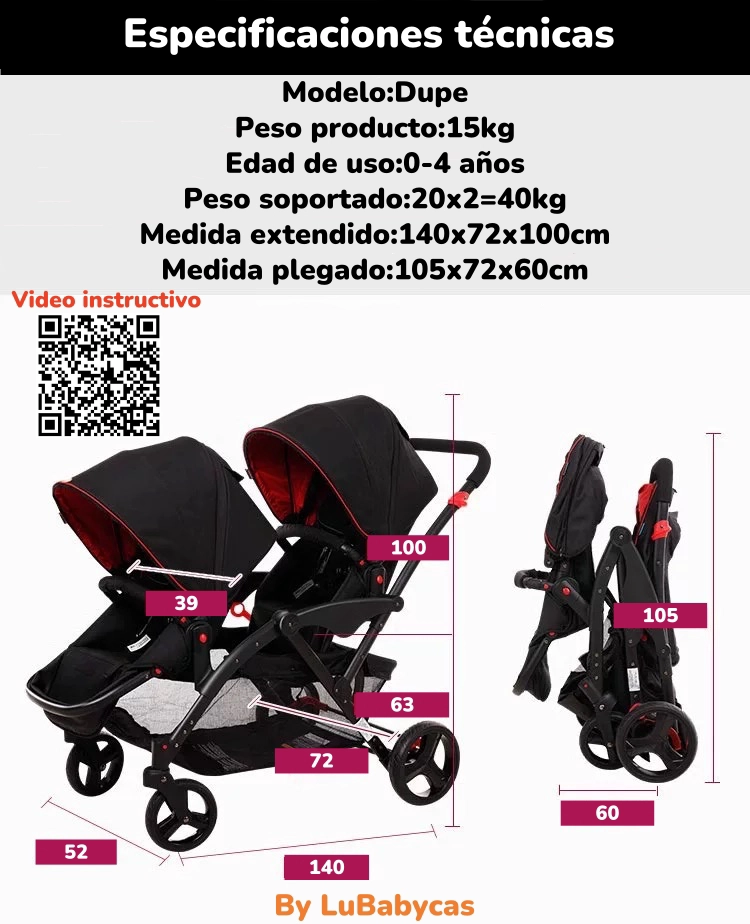 COCHE LUBABYCAS DUPE DOBLE DUO RECLINABLE 6 MODOS EN 1 GRIS - 8