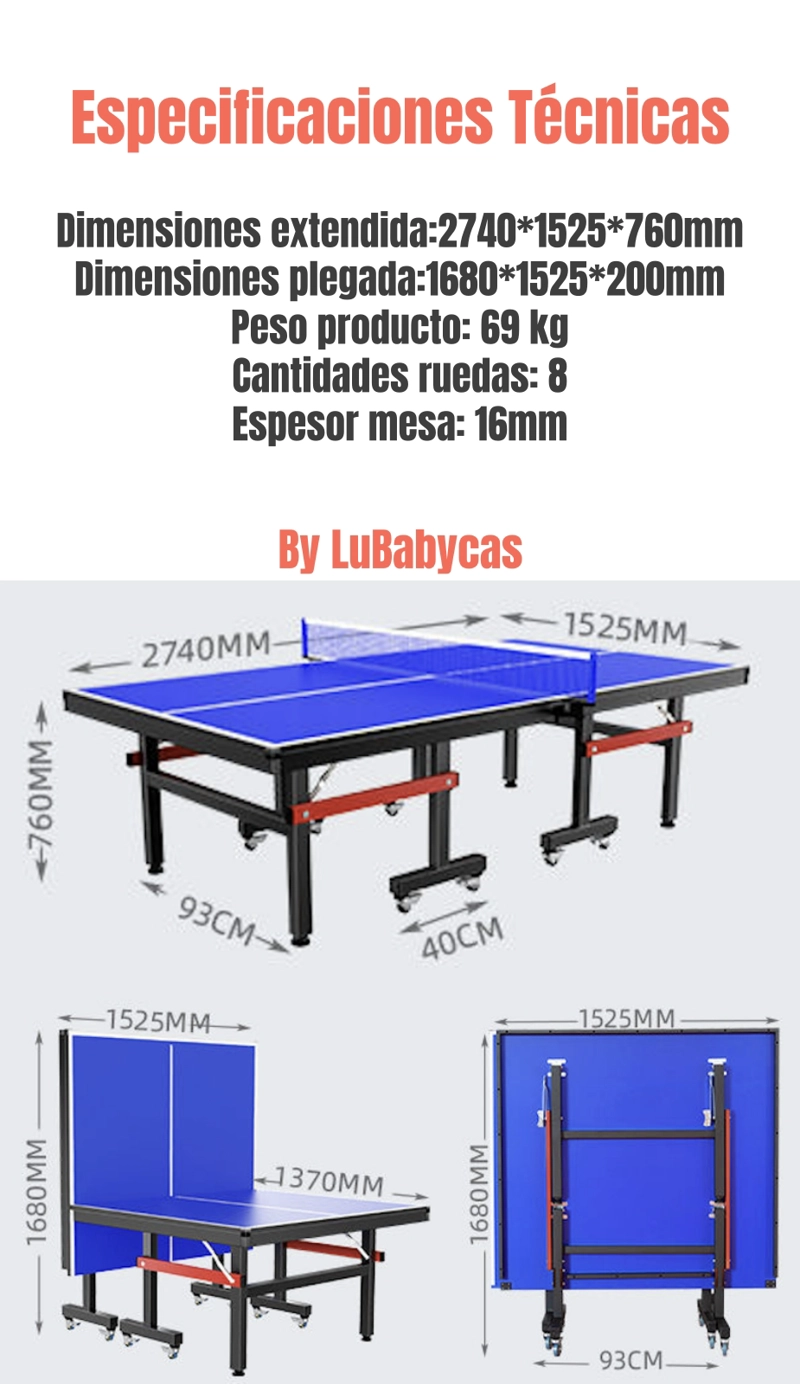 MESA DE PING PONG PROFESIONAL PLEGABLE ACCESORIOS LUBABYCAS - 8
