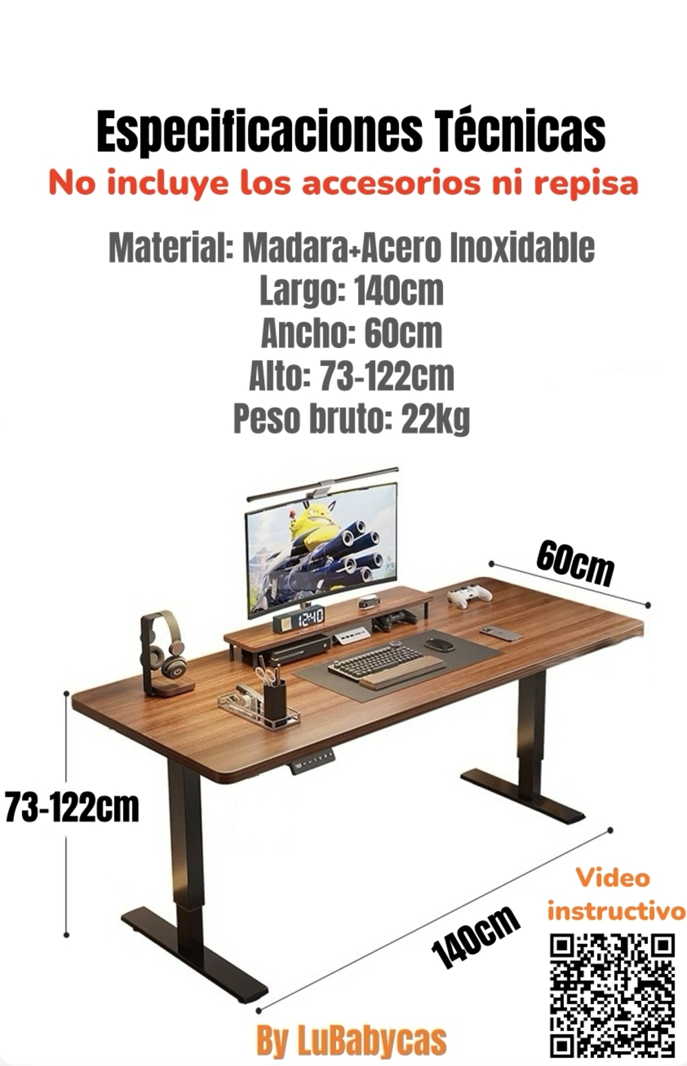 ESCRITORIO ELE CTRICO REGULABLE ACCESORIOS 140CM LUBABYCAS - 2