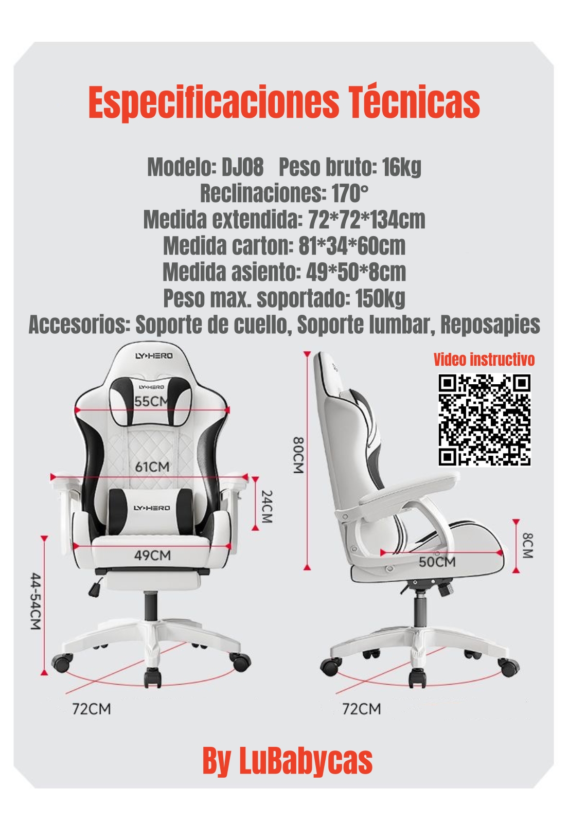 SILLA GAMER ERGONOMICA RECLINABLE CON REPOSAPIES NEGRA - 8