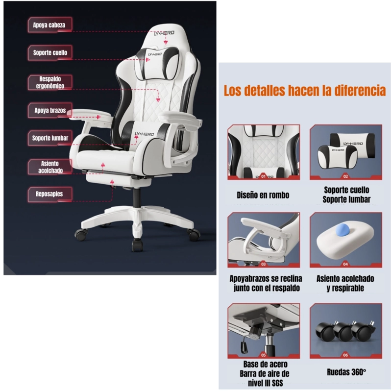SILLA GAMER ERGONOMICA RECLINABLE CON REPOSAPIES ROSADA - 3