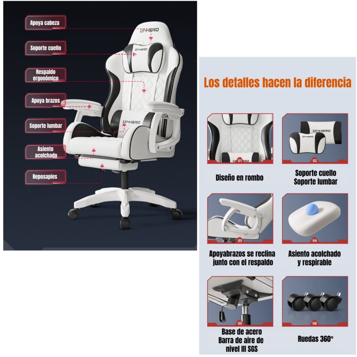 SILLA GAMER ERGONOMICA RECLINABLE CON REPOSAPIES BLANCA - 3