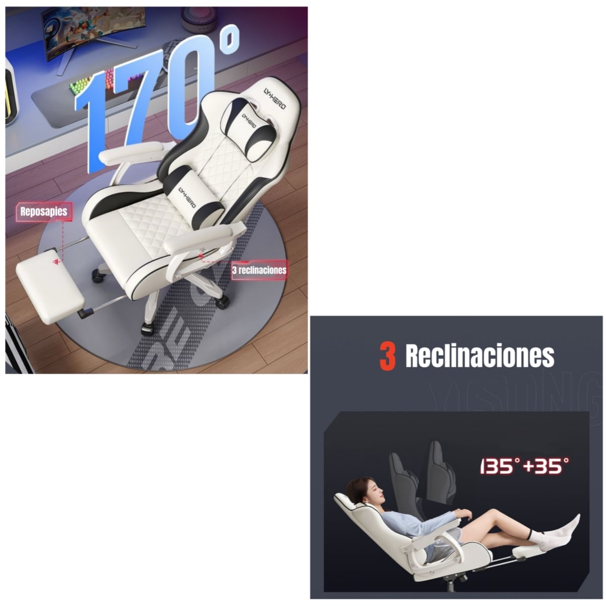 SILLA GAMER ERGONOMICA RECLINABLE CON REPOSAPIES BLANCA - 5