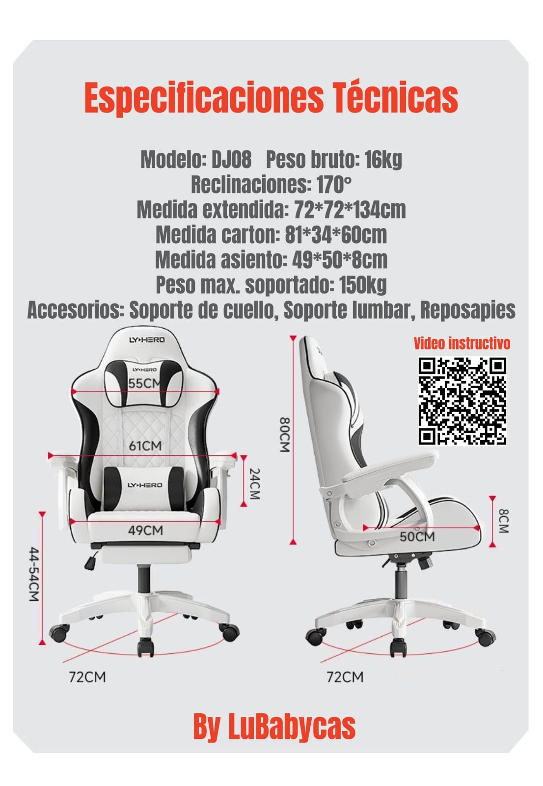 SILLA GAMER ERGONOMICA RECLINABLE CON REPOSAPIES BLANCA - 8