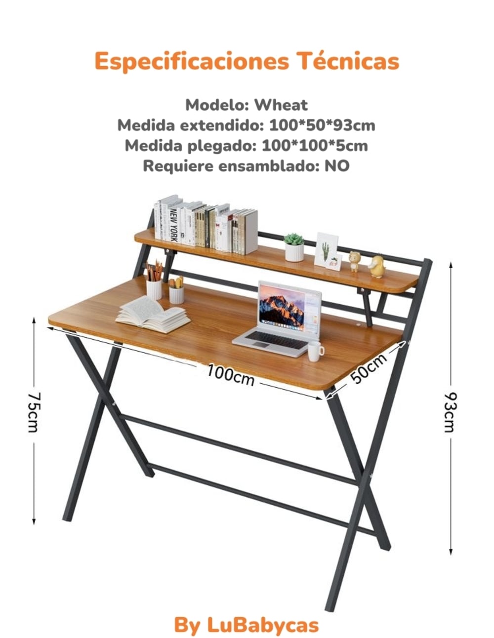 ESCRITORIO LUBABYCAS WHEAT PLEGABLE 100X50X93CM CON REPISA ACERO - 8