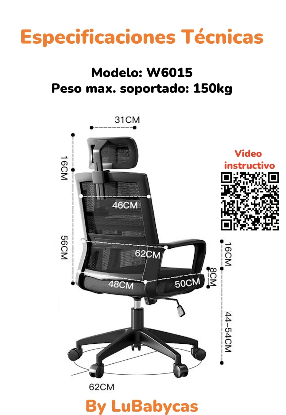 SILLA ESCRITORIO LUBABYCAS W6015 ACERO INOXIDABLE BLANCO CON APOYA CABEZA - 8