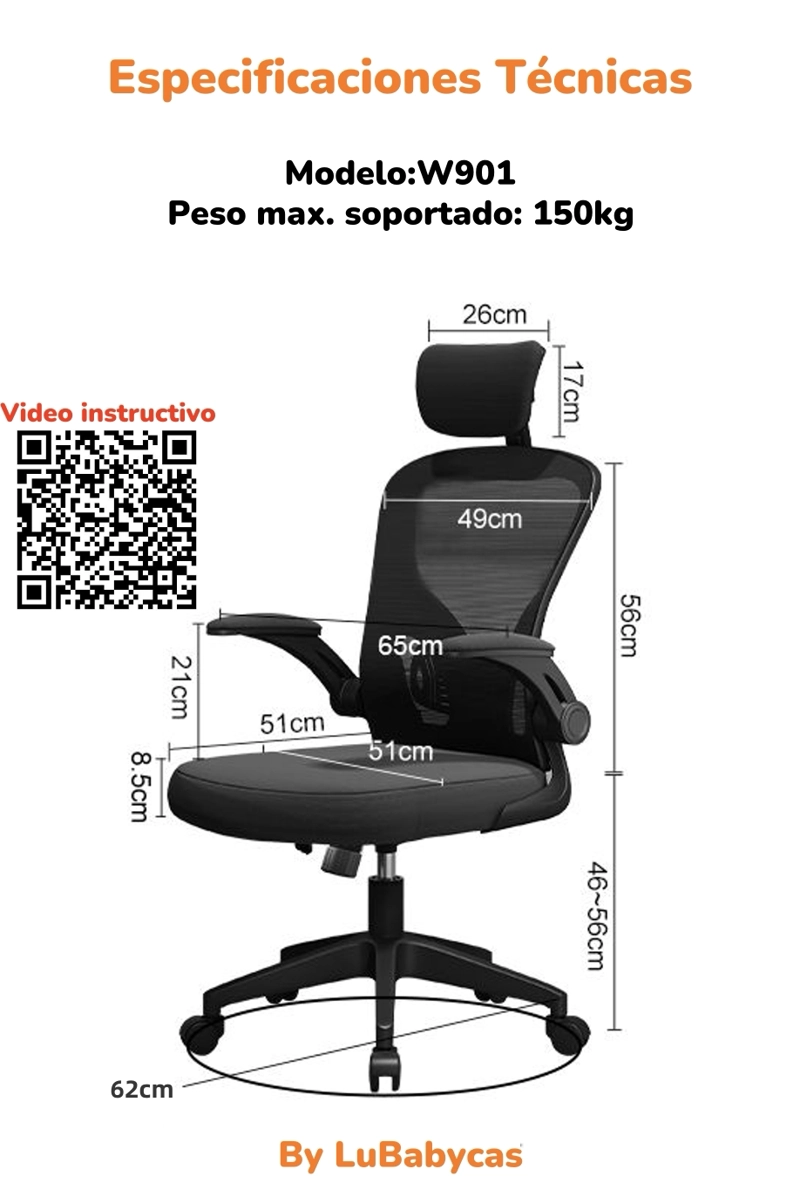 SILLA ESCRITORIO LUBABYCAS W901 ACERO INOXIDABLE GRIS CON APOYA CABEZA - 8