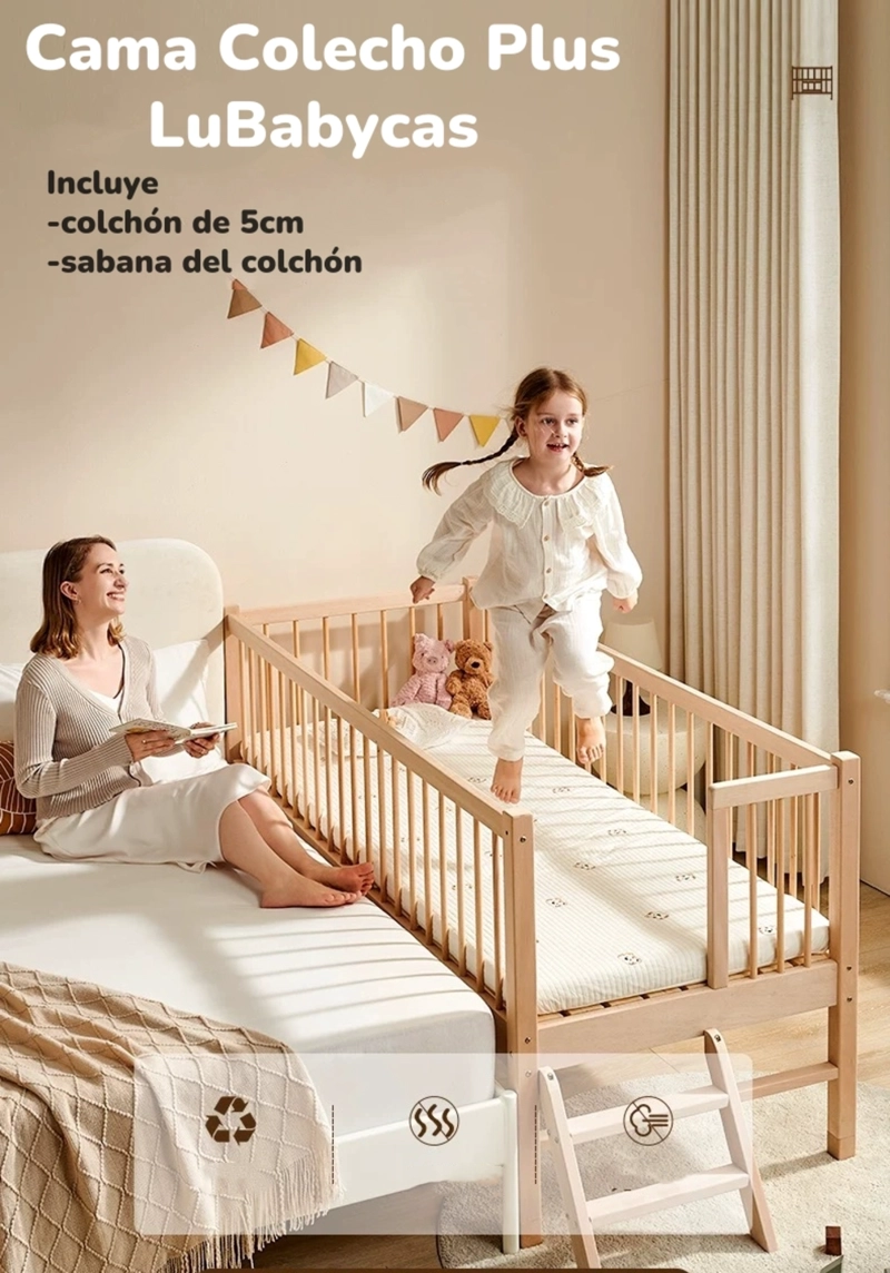 CAMA COLECHO LUBABYCAS PLUS MADERA CAFE 4 LATERALES CON COLCHÓN Y SABANA - 2