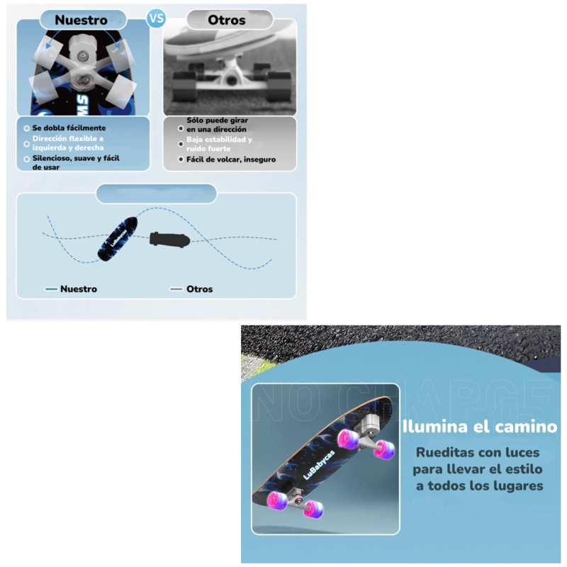 SKATE PATINETA DE MADERA CON LUCES FREESTYLE NEGRA LUBABYCAS - 4