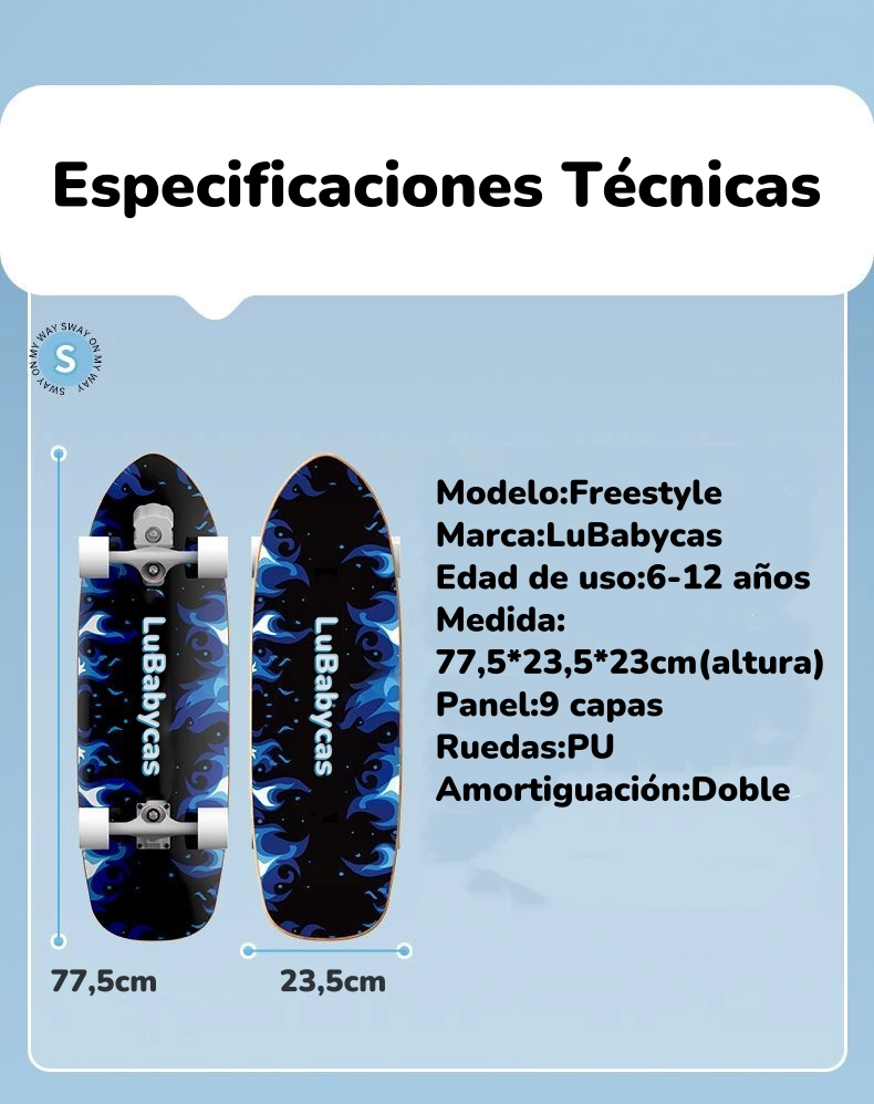 SKATE PATINETA DE MADERA CON LUCES FREESTYLE AZUL LUBABYCAS - 8