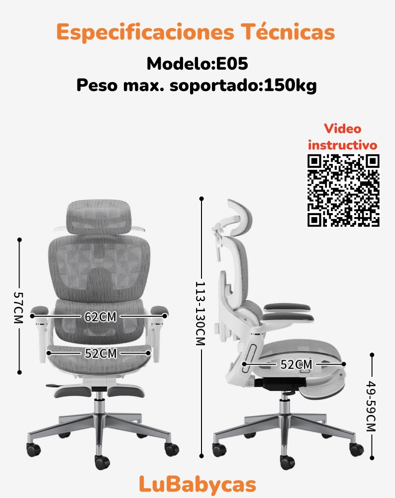 SILLA DE ESCRITORIO ULTRA PREMIUM E05 GRIS LUBABYCAS - 8