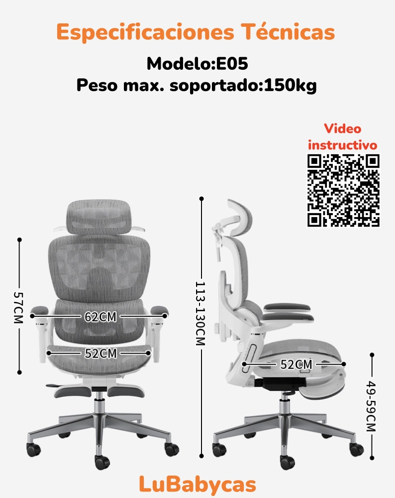 SILLA DE ESCRITORIO ULTRA PREMIUM E05 GRIS LUBABYCAS - 8