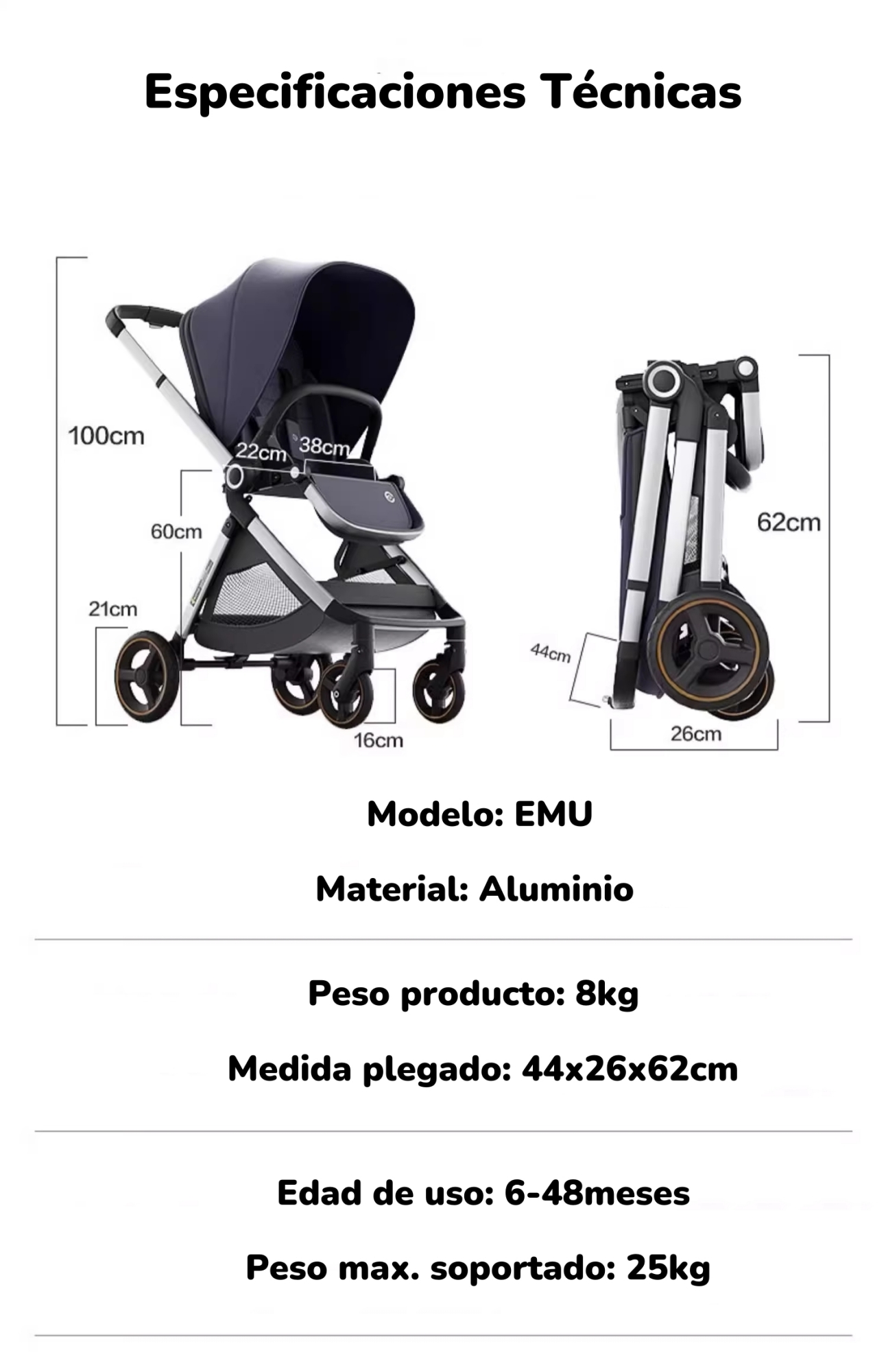 COCHE PASEO LUBABYCAS EMU AZUL ALUMINIO 2 MODOS - 8