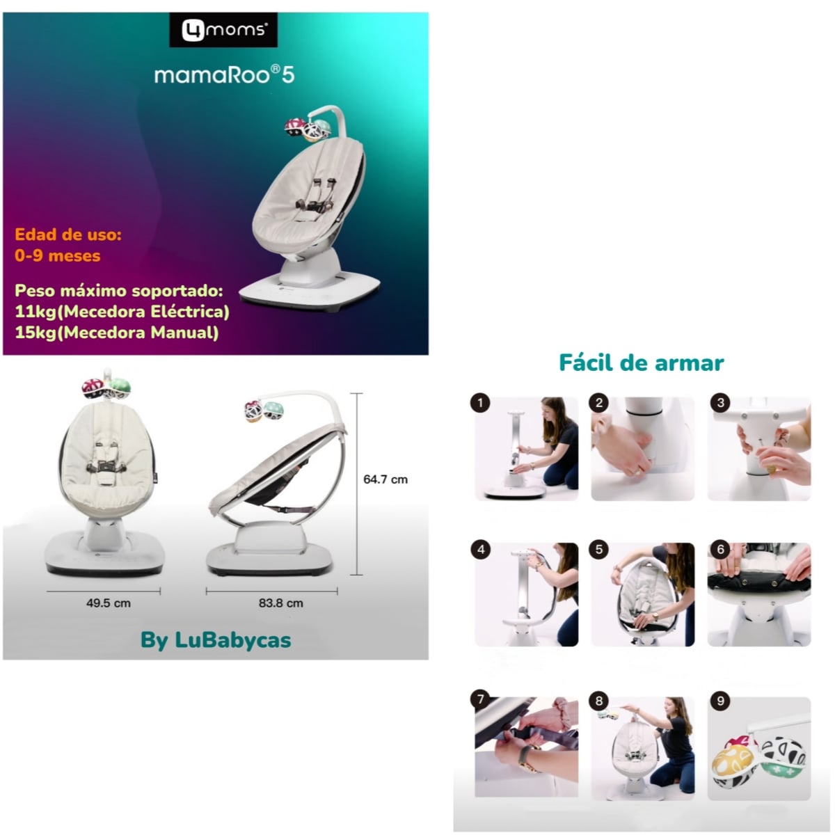 MECEDORA LUBABYCAS ELÉCTRICA CON MELODÍAS BLUETOOTH 4 MOMS GRIS - 8