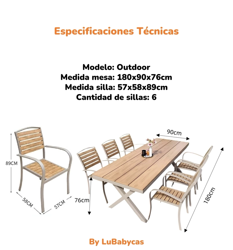 JUEGO DE COMEDOR EXTERIORES 180CM Y 6 SILLAS IMPERMEABLES - 8