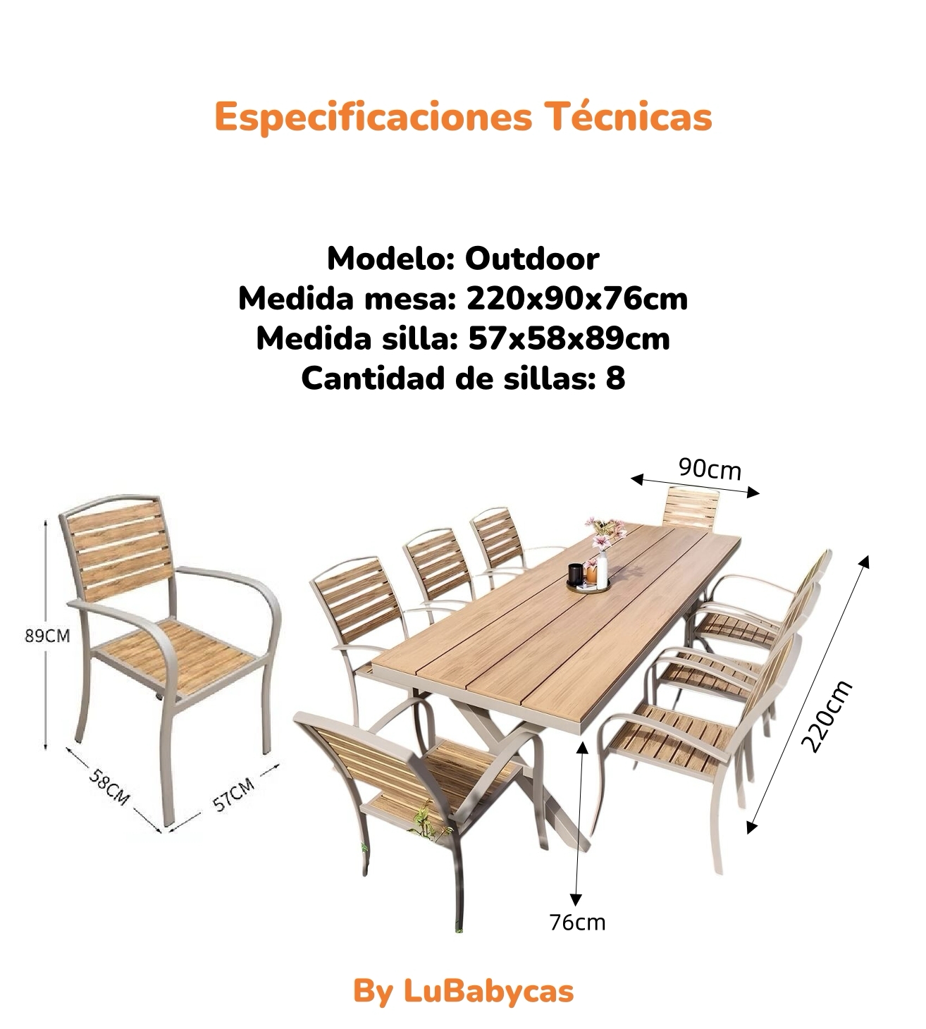JUEGO DE COMEDOR EXTERIORES 220CM Y 8 SILLAS IMPERMEABLES - 8