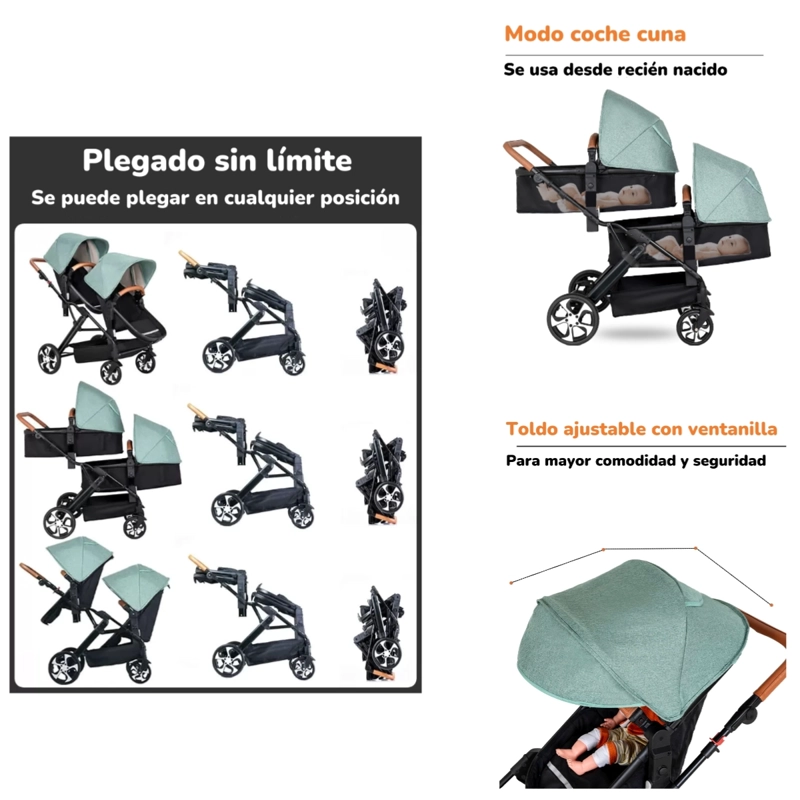 COCHE CUNA LUBABYCAS A8 NEGRO DOBLE MULTIPOSICIONES COMPACTO - 3