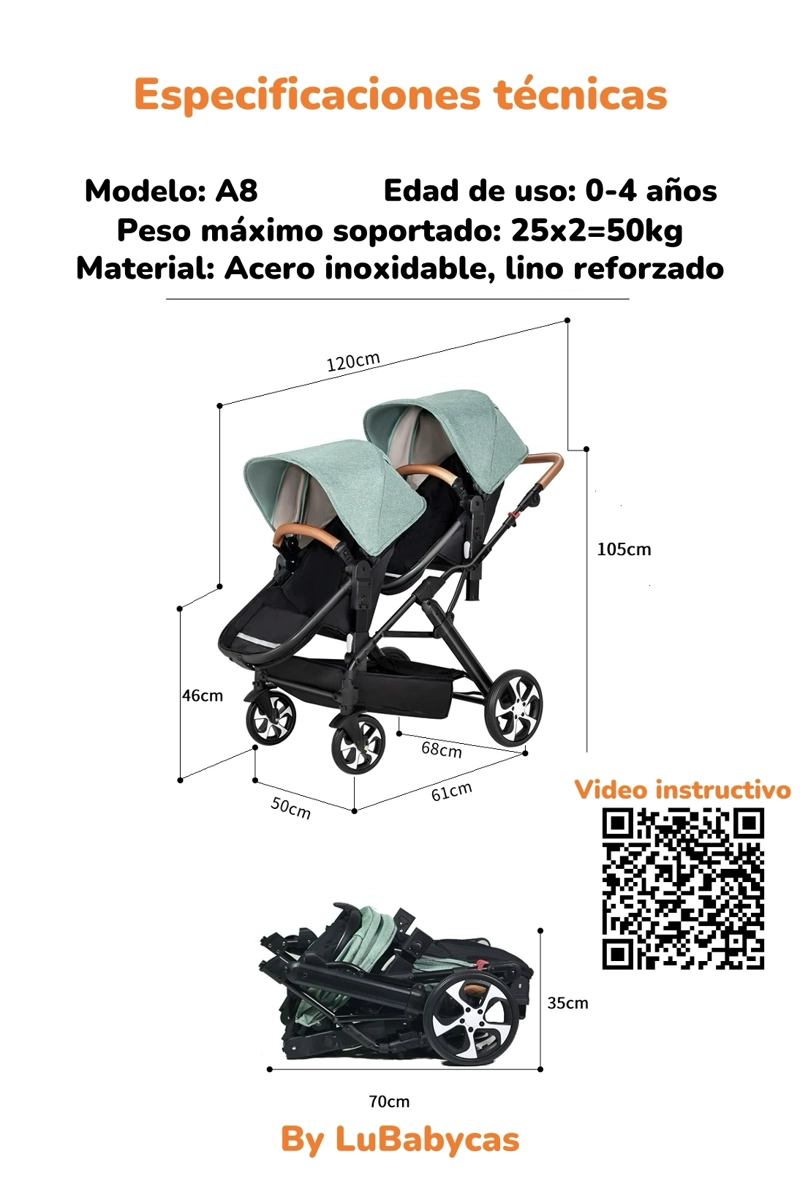 COCHE CUNA LUBABYCAS A8 NEGRO DOBLE MULTIPOSICIONES COMPACTO - 8