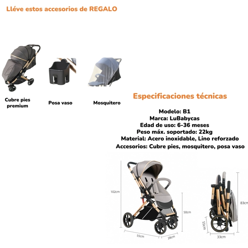COCHE PASEO LUBABYCAS B1 NEGRO REVERSIBLE CON CUBRE PIES - 2