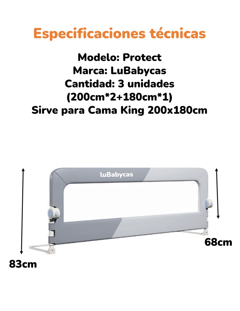 BARANDA CAMA LUBABYCAS PACK 3 PLEGABLE KING PROTECT ACERO INOXIDABLE GRIS - 2