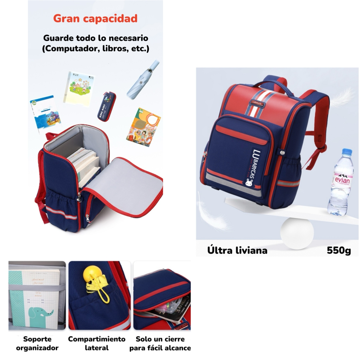 MOCHILA ESCOLAR INFANTIL IMPERMEABLE 5S ROJA LUBABYCAS - 7