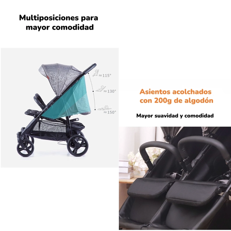 COCHE PASEO DOBLE LUBABYCAS YD GRIS MARCO ALUMINIO LIVIANO - 3