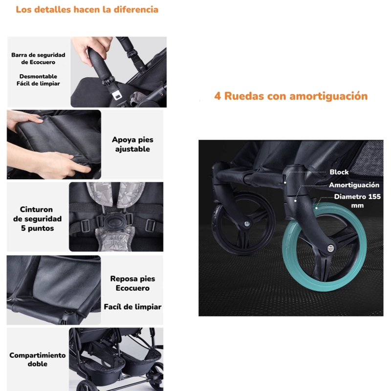 COCHE PASEO DOBLE LUBABYCAS YD GRIS MARCO ALUMINIO LIVIANO - 4