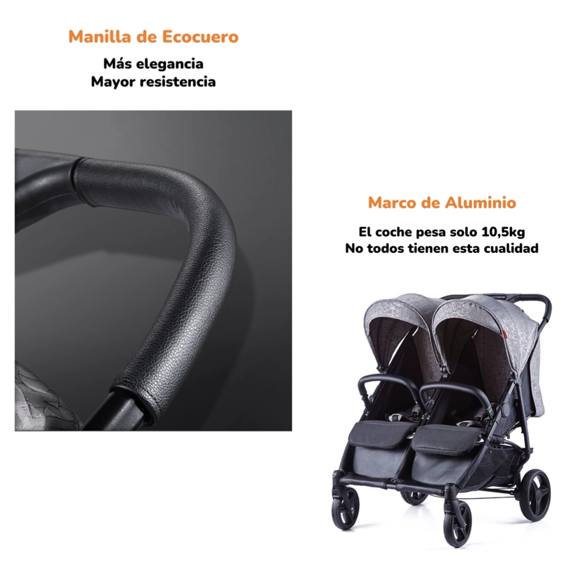 COCHE PASEO DOBLE LUBABYCAS YD GRIS MARCO ALUMINIO LIVIANO - 6