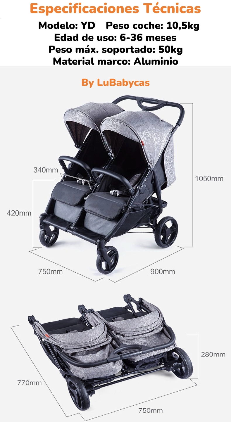 COCHE PASEO DOBLE LUBABYCAS YD GRIS MARCO ALUMINIO LIVIANO - 8
