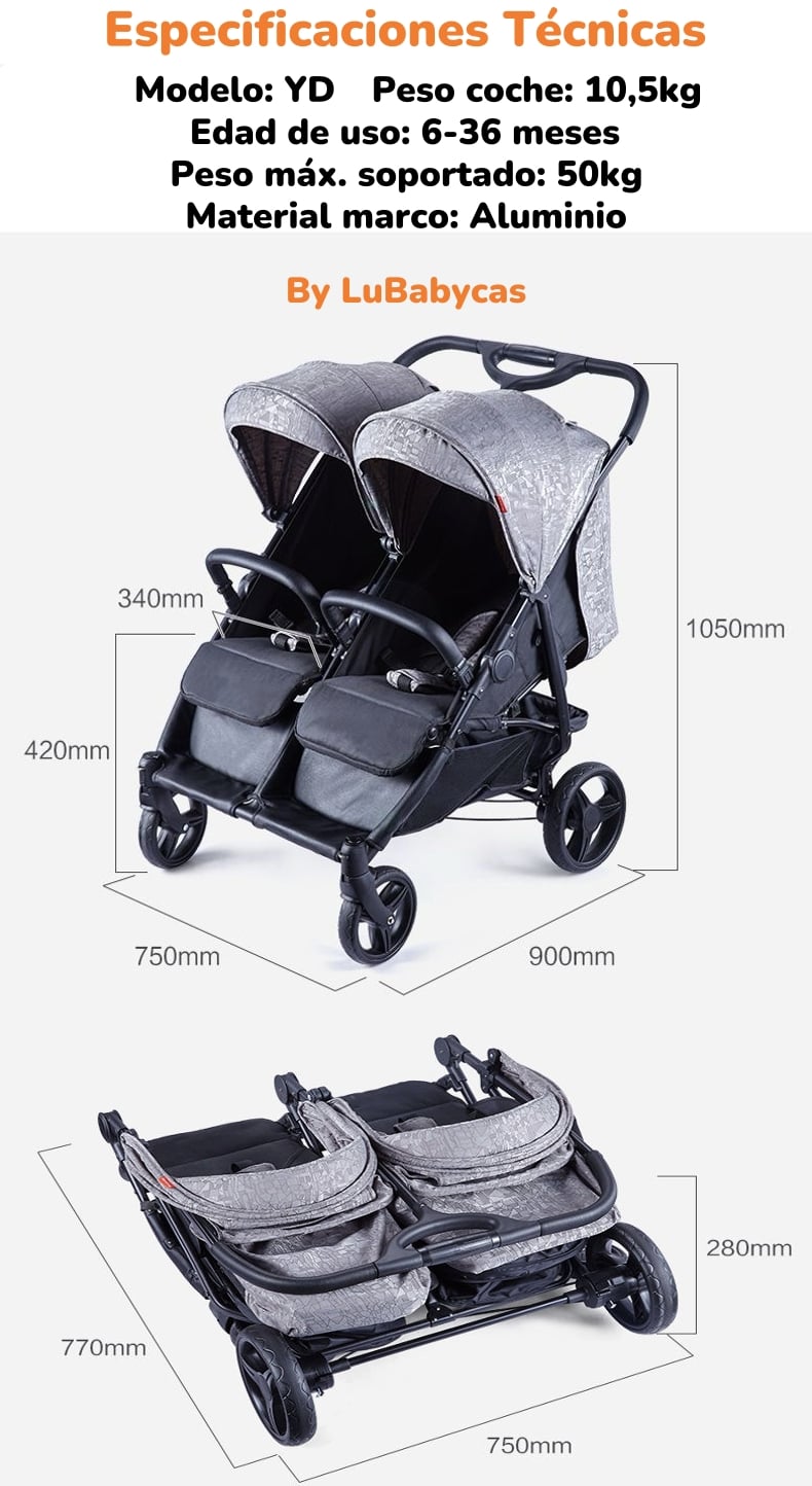 COCHE PASEO DOBLE LUBABYCAS YD GRIS MARCO ALUMINIO LIVIANO - 8